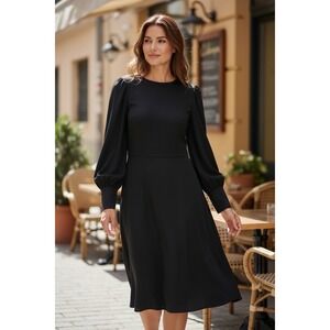 Stylewe Black Puff Sleeve Midi Dress Med Long Sleeve Minimalist Elegant Modest